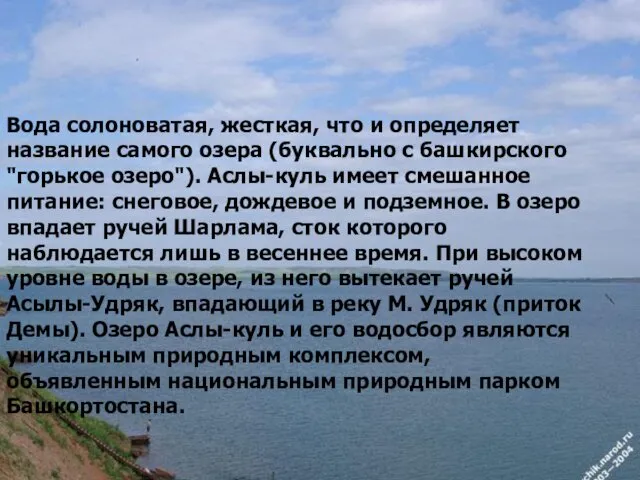 Вода солоноватая, жесткая, что и определяет название самого озера (буквально с башкирского "горькое