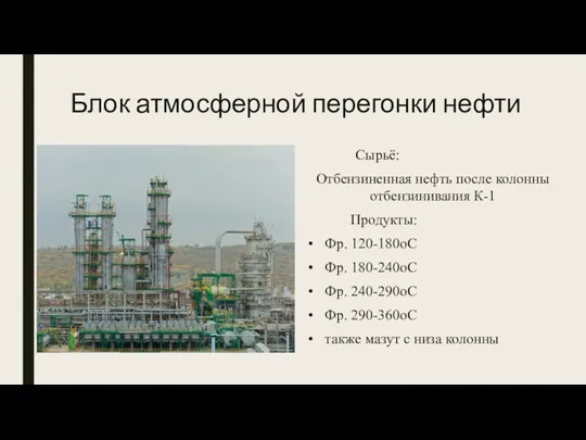 Блок атмосферной перегонки нефти Сырьё: Отбензиненная нефть после колонны отбензинивания К-1 Продукты: Фр.