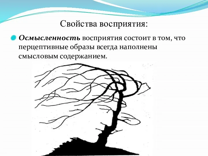 Свойства восприятия: Осмысленность восприятия состоит в том, что перцептивные образы всегда наполнены смысловым содержанием.