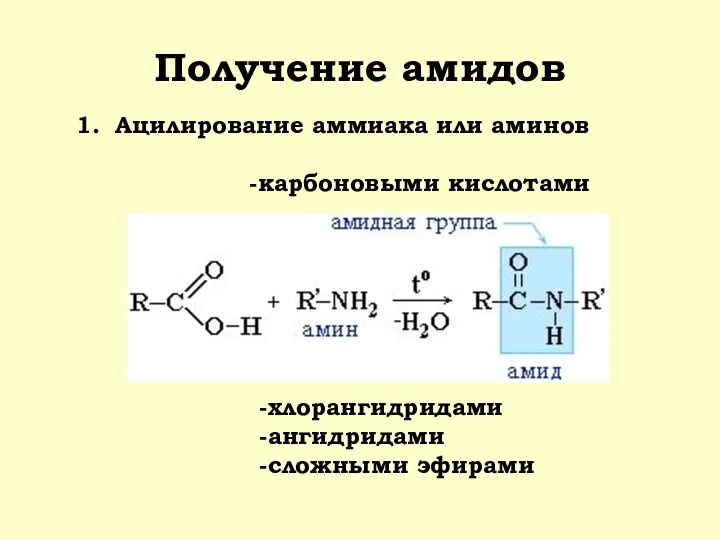 Получение амидов Ацилирование аммиака или аминов -карбоновыми кислотами -хлорангидридами -ангидридами -сложными эфирами