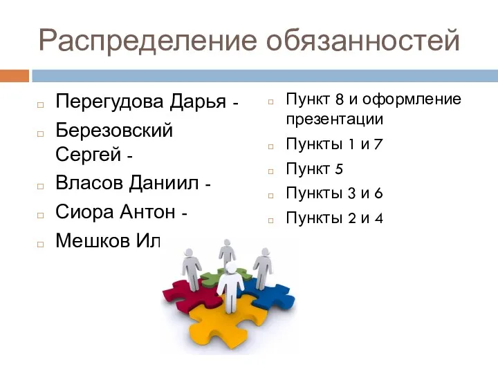 Распределение обязанностей Перегудова Дарья - Березовский Сергей - Власов Даниил