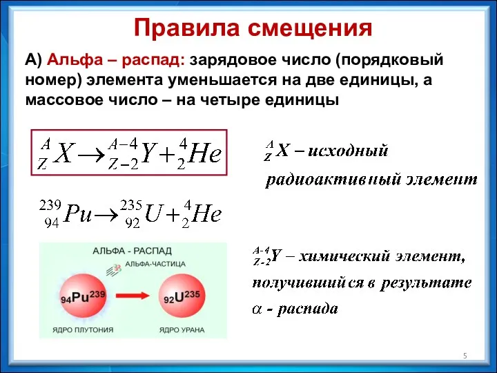 Правила смещения А) Альфа – распад: зарядовое число (порядковый номер)