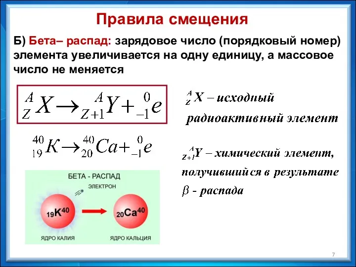 Правила смещения Б) Бета– распад: зарядовое число (порядковый номер) элемента