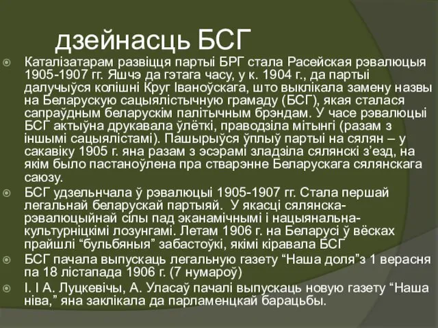 дзейнасць БСГ Каталізатарам развіцця партыі БРГ стала Расейская рэвалюцыя 1905-1907