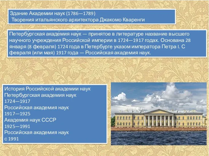 Здание Академии наук (1786—1789) Творения итальянского архитектора Джакомо Кваренги Петербу́ргская