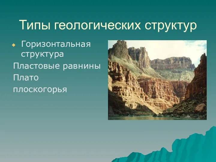 Типы геологических структур Горизонтальная структура Пластовые равнины Плато плоскогорья