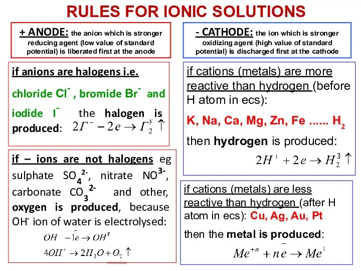 + ANODE: the anion which is stronger reducing agent (low