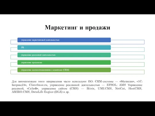 Маркетинг и продажи Для автоматизации этого направления часто используют ПО: