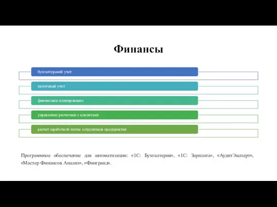 Финансы Программное обеспечение для автоматизации: «1С: Бухгалтерия», «1С: Зарплата», «АудитЭксперт», «Мастер Финансов Анализ», «Фингранд».