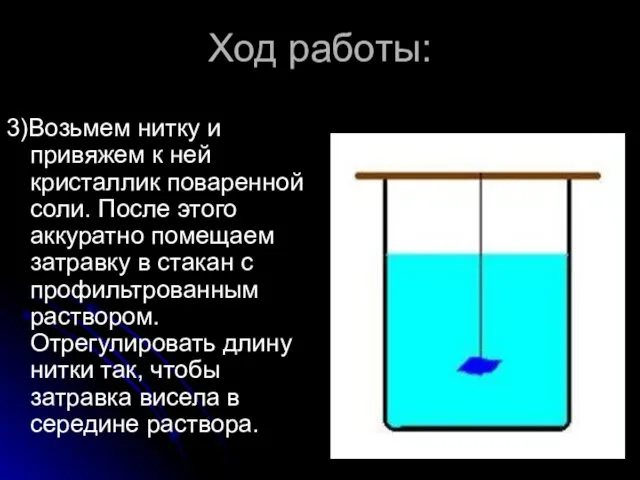 Ход работы: 3)Возьмем нитку и привяжем к ней кристаллик поваренной