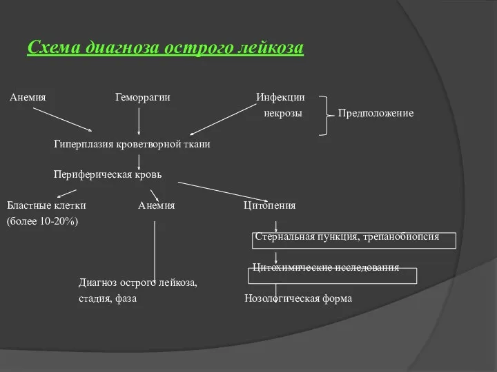 Схема диагноза острого лейкоза Анемия Геморрагии Инфекции некрозы Предположение Гиперплазия