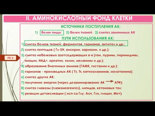 II. АМИНОКИСЛОТНЫЙ ФОНД КЛЕТКИ ИСТОЧНИКИ ПОСТУПЛЕНИЯ АК: 1) белки пищи;