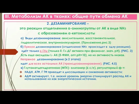 III. Метаболизм АК в тканях: общие пути обмена АК 2.