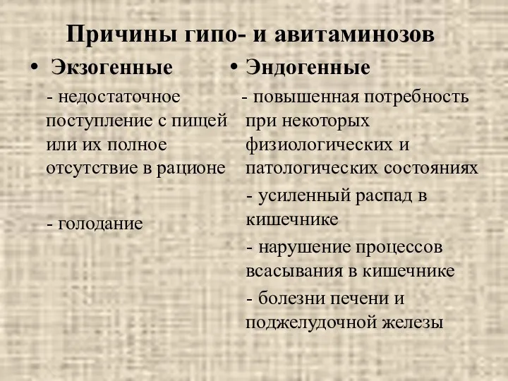 Причины гипо- и авитаминозов Экзогенные - недостаточное поступление с пищей