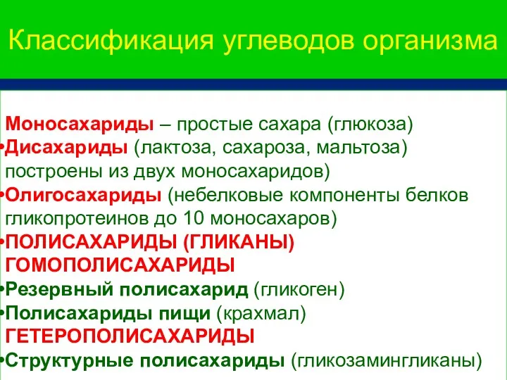 Классификация углеводов организма Моносахариды – простые сахара (глюкоза) Дисахариды (лактоза,