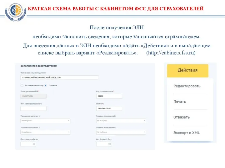 КРАТКАЯ СХЕМА РАБОТЫ С КАБИНЕТОМ ФСС ДЛЯ СТРАХОВАТЕЛЕЙ После получения