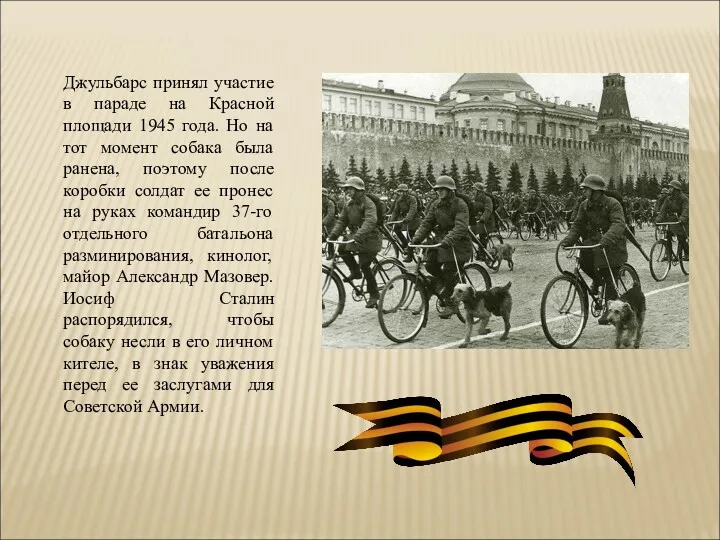 Джульбарс принял участие в параде на Красной площади 1945 года.