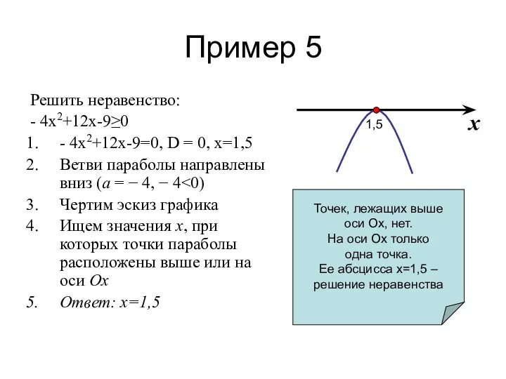 Пример 5 Решить неравенство: - 4х2+12х-9≥0 - 4х2+12х-9=0, D =