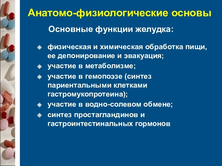 Анатомо-физиологические основы Основные функции желудка: физическая и химическая обработка пищи,