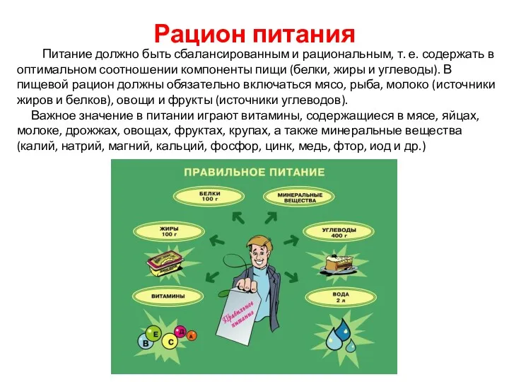 Рацион питания Питание должно быть сбалансированным и рациональным, т. е.