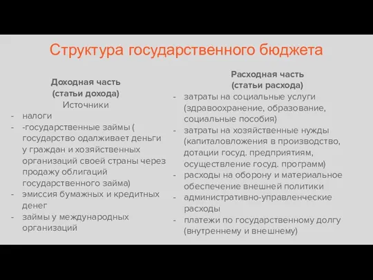 Структура государственного бюджета Доходная часть (статьи дохода) Источники налоги -государственные