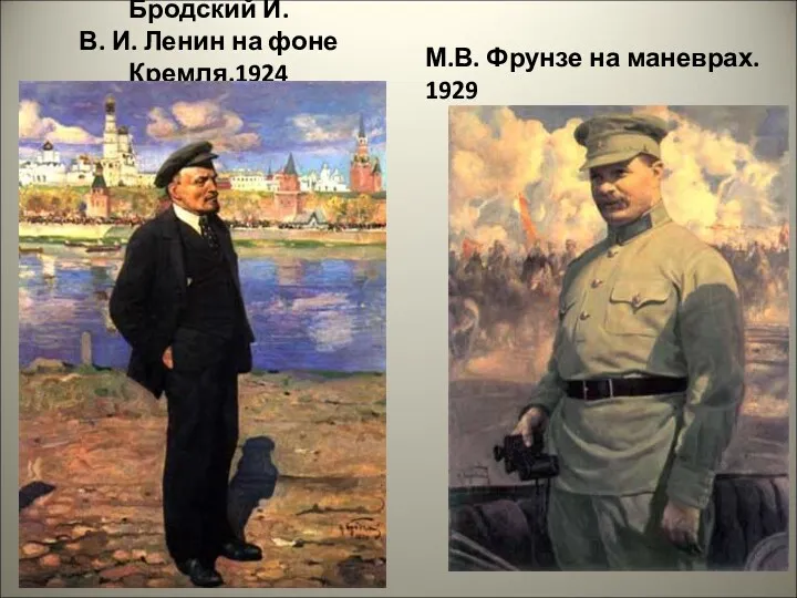Бродский И. В. И. Ленин на фоне Кремля.1924 М.В. Фрунзе на маневрах. 1929
