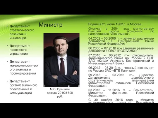 Министр М.С. Орешкин доходы 20 928 808 руб. Департамент стратегического
