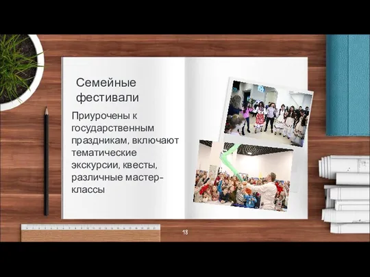 Семейные фестивали Приурочены к государственным праздникам, включают тематические экскурсии, квесты, различные мастер-классы