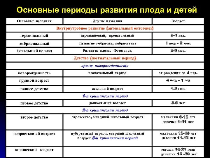 Основные периоды развития плода и детей