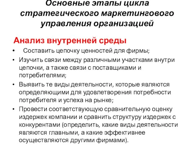 Основные этапы цикла стратегического маркетингового управления организацией Анализ внутренней среды