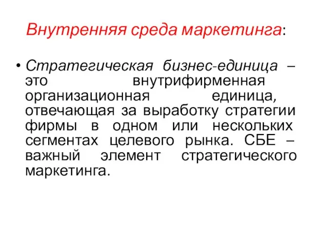 Внутренняя среда маркетинга: Стратегическая бизнес-единица – это внутрифирменная организационная единица,