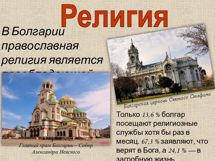 В Болгарии православная религия является преобладающей. Религия Болгарская церковь Святого Стефана Только 13,6