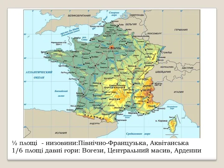 ½ площі - низовини:Північно-Французька, Аквітанська 1/6 площі давні гори: Вогези, Центральний масив, Арденни