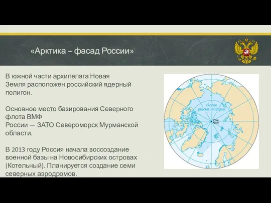 «Арктика – фасад России» В южной части архипелага Новая Земля