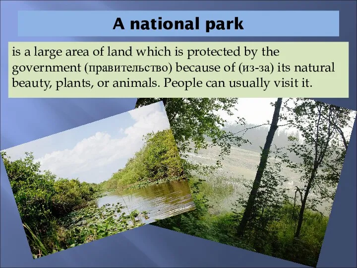 A national park is a large area of land which