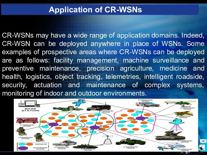 CR-WSNs may have a wide range of application domains. Indeed, CR-WSN can be