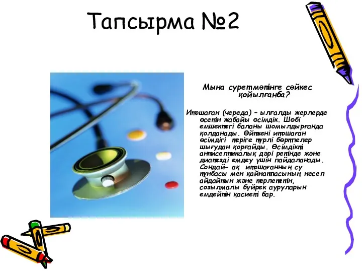 Тапсырма №2 Мына сурет мәтінге сәйкес қойылғанба? Итошаған (череда) –