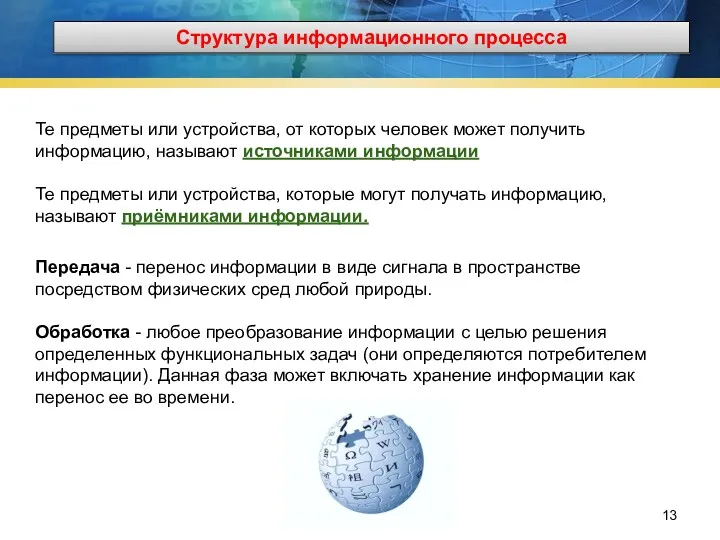 Структура информационного процесса Те предметы или устройства, от которых человек