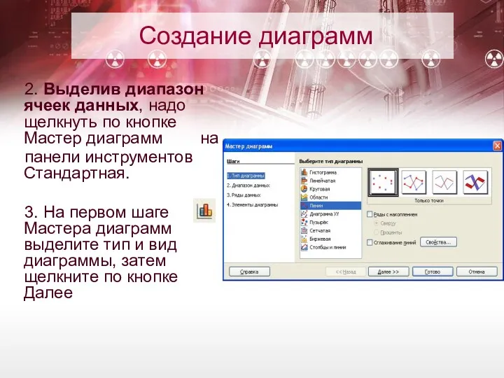 Создание диаграмм 2. Выделив диапазон ячеек данных, надо щелкнуть по