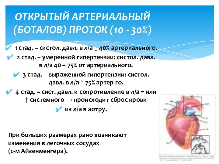 1 стад. – систол. давл. в л/а ↓ 40% артериального.