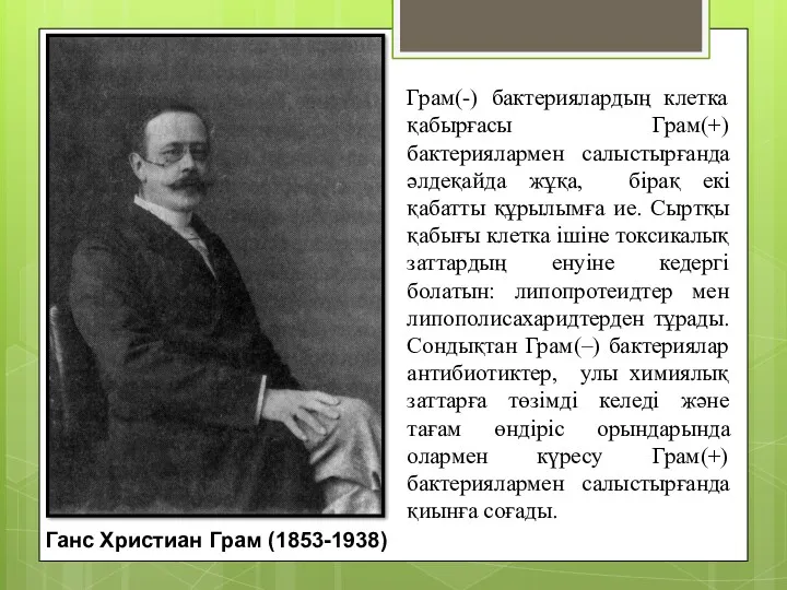 Ганс Христиан Грам (1853-1938) Грам(-) бактериялардың клетка қабырғасы Грам(+) бактериялармен