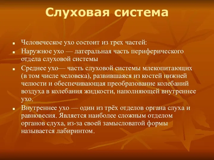 Слуховая система Человеческое ухо состоит из трех частей: Наружное ухо