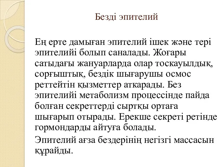 Безді эпителий Ең ерте дамыған эпителий ішек және тері эпителийі