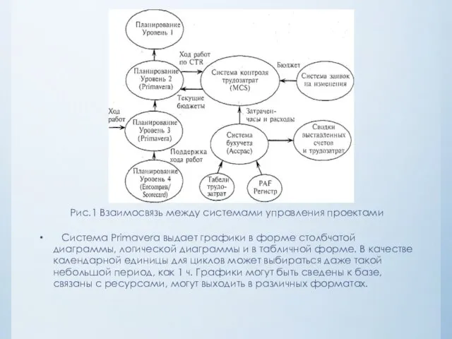 Рис.1 Взаимосвязь между системами управления проектами Система Primavera выдает графики в форме столбчатой