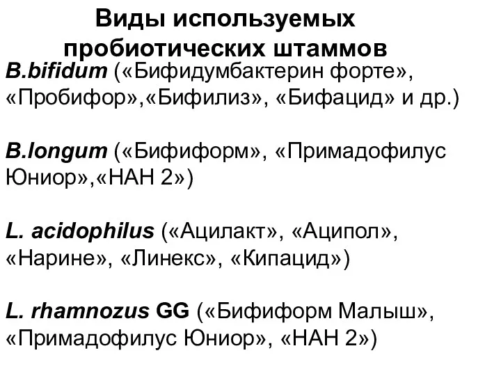 Виды используемых пробиотических штаммов B.bifidum («Бифидумбактерин форте», «Пробифор»,«Бифилиз», «Бифацид» и