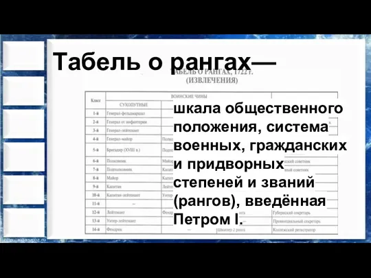 Табель о рангах— шкала общественного положения, система военных, гражданских и