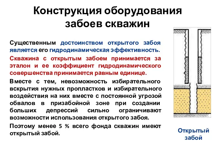 Конструкция оборудования забоев скважин Существенным достоинством открытого забоя является его гидродинамическая эффективность. Скважина