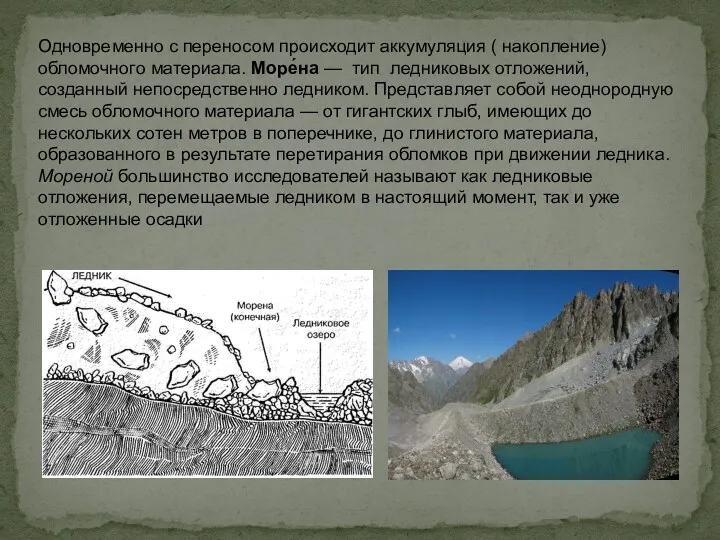 Одновременно с переносом происходит аккумуляция ( накопление) обломочного материала. Море́на