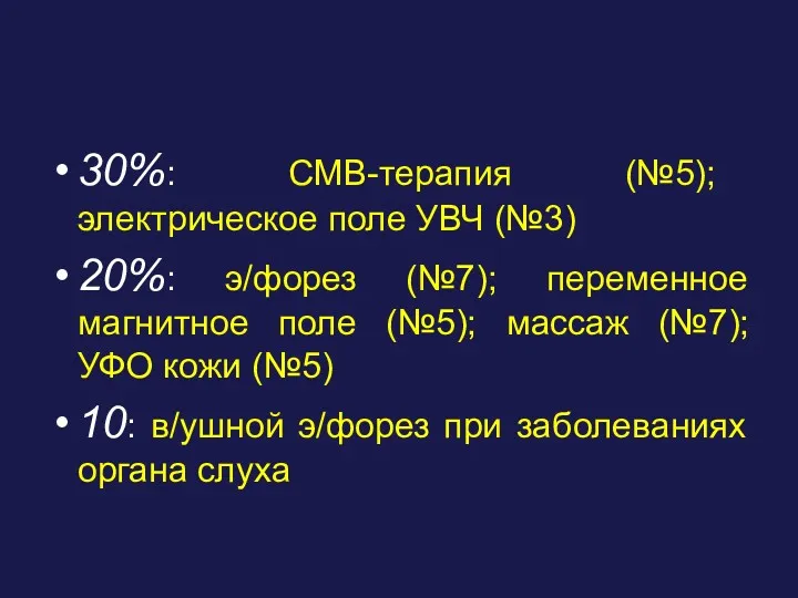 30%: СМВ-терапия (№5); электрическое поле УВЧ (№3) 20%: э/форез (№7);