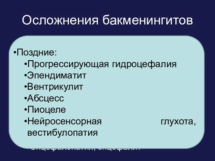 Осложнения бакменингитов Ранние: ВЧГ, отек, кома Судороги Синдром неадекватной секреции